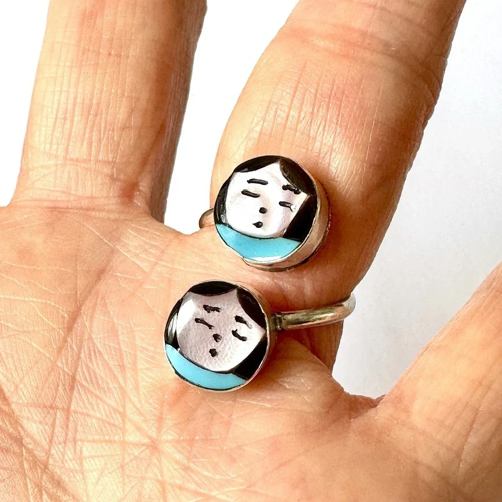 Zuni Indian Maiden Ring‎ Wrap Adjustable Sz 8 Turquoise Inlay Woman Native Amer